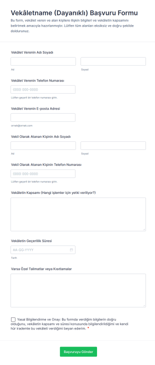 Vekâletname (Dayanıklı) Başvuru Form Şablonu