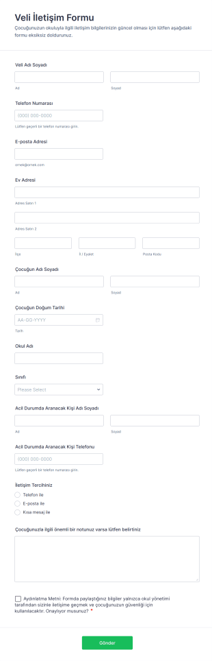 Veli İletişim Form Şablonu