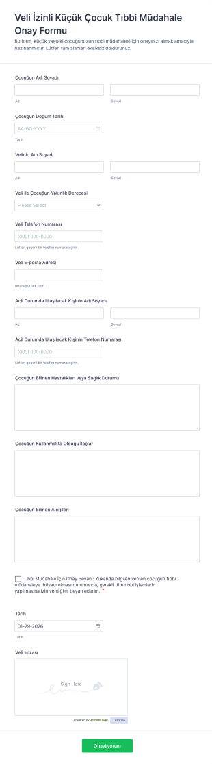 Veli İzinli Küçük Çocuk Tıbbi Müdahale Onay Form Şablonu