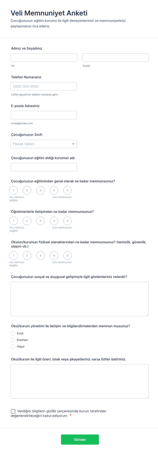 Veli Memnuniyet Anketi Form Şablonu
