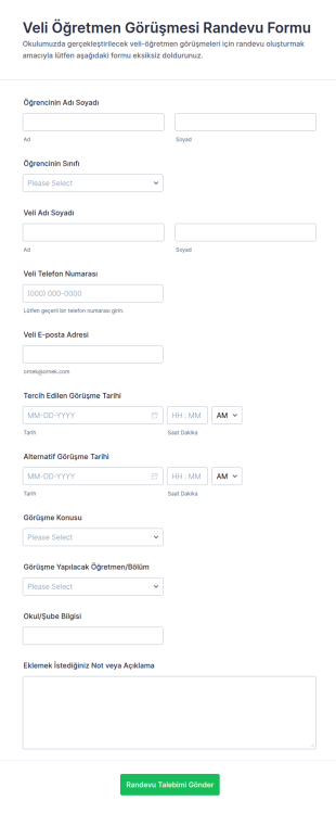 Veli Öğretmen Toplantı Programı Form Şablonu