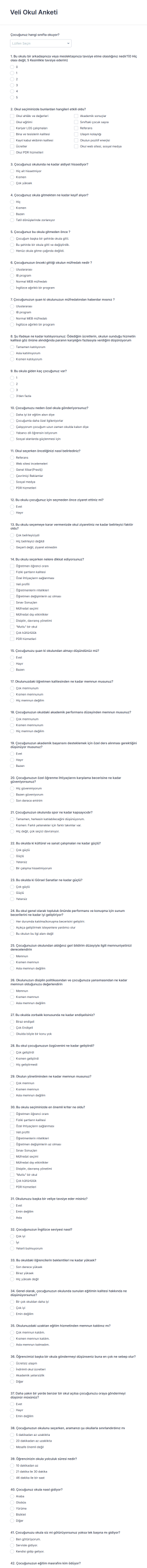 Veli Okul Anketi Form Şablonu