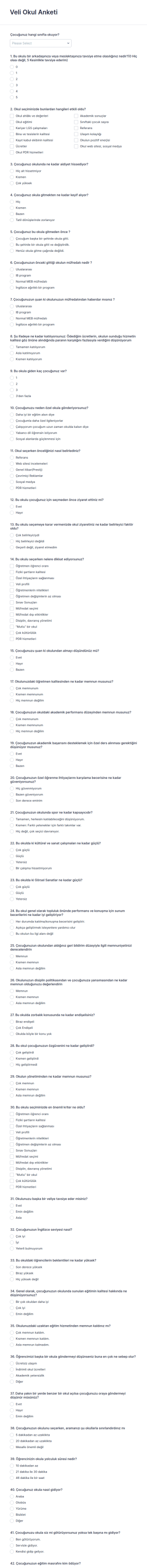 Veli Okul Anketi Form Şablonu