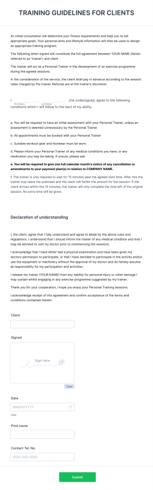 Personal Training Agreement And Guidelines Form Template