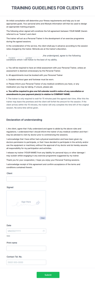 Personal Training Agreement And Guidelines Form Template