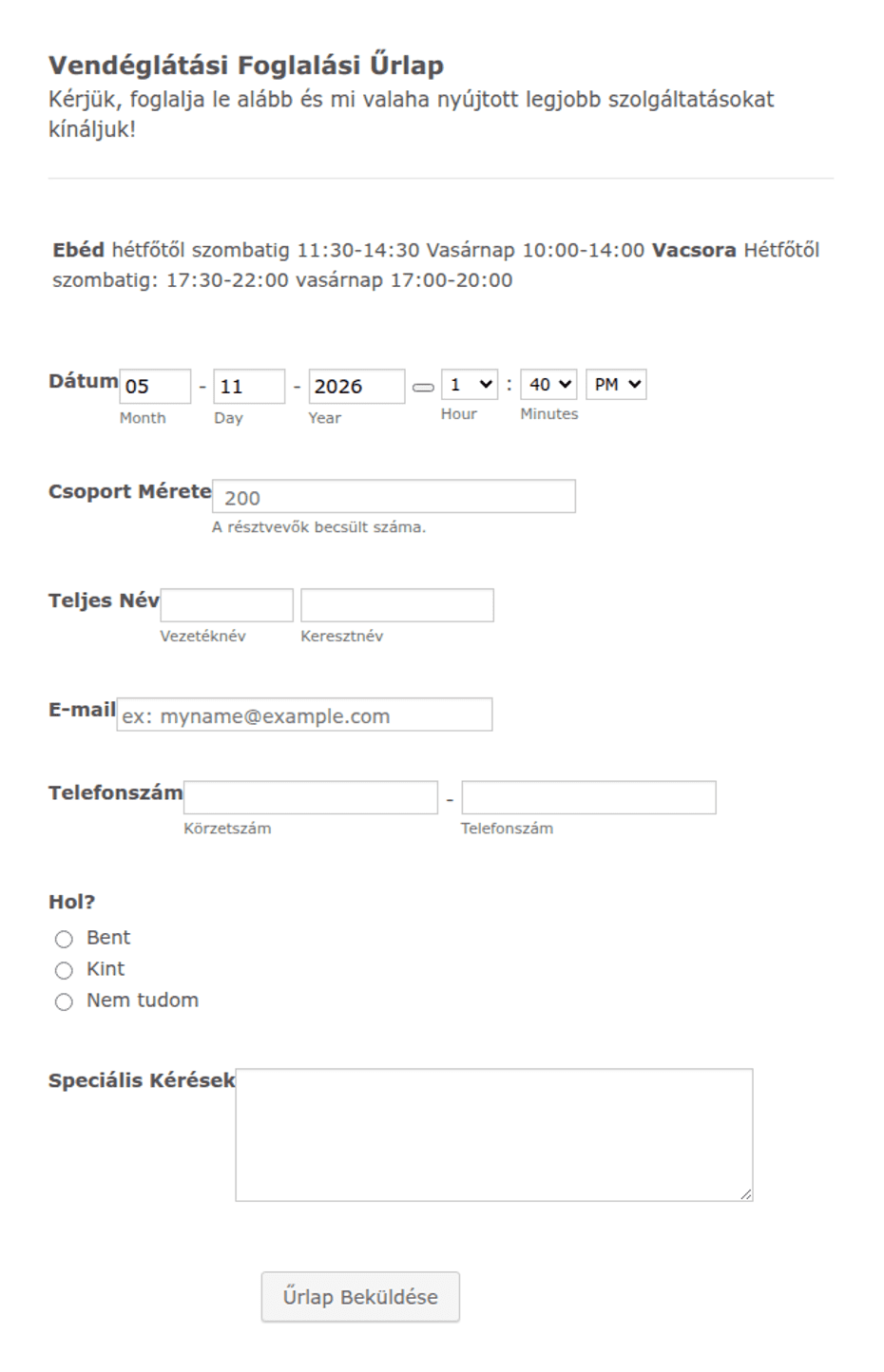 Vendéglátási Foglalási Űrlap | Jotform