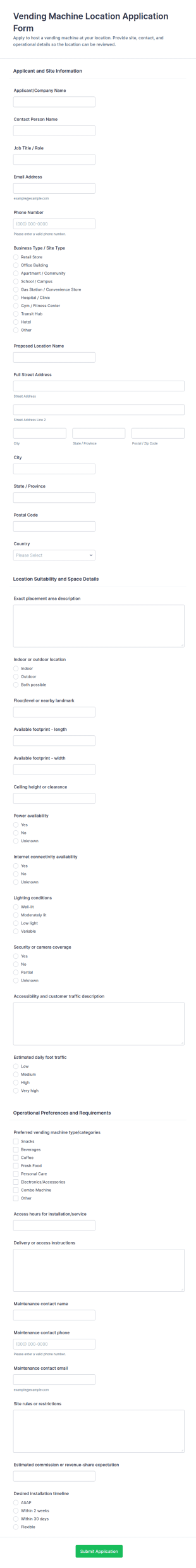 Vending Machine Location Application Form Template