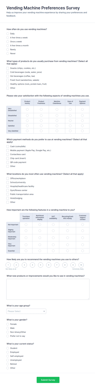 Vending Machine Preferences Survey Form Template