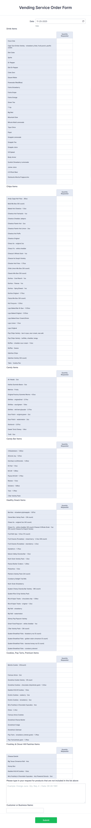 Vending Service Order Form Template