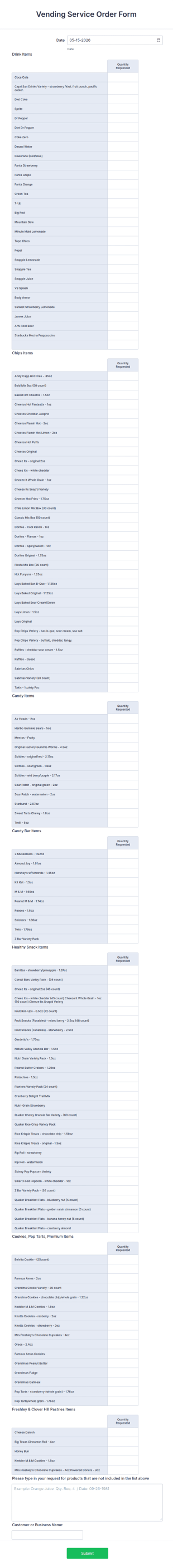 Vending Service Order Form Template