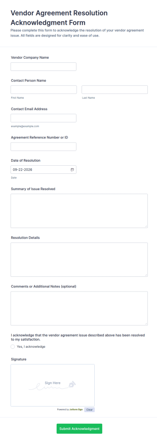 Vendor Agreement Resolution Acknowledgment Form Template