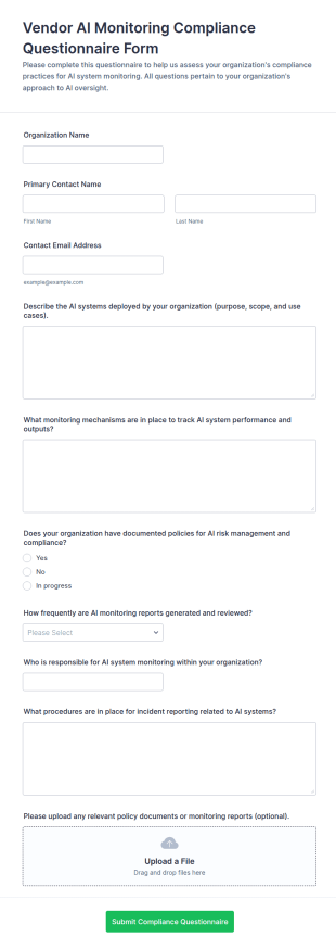 Vendor AI Monitoring Compliance Questionnaire Form Template