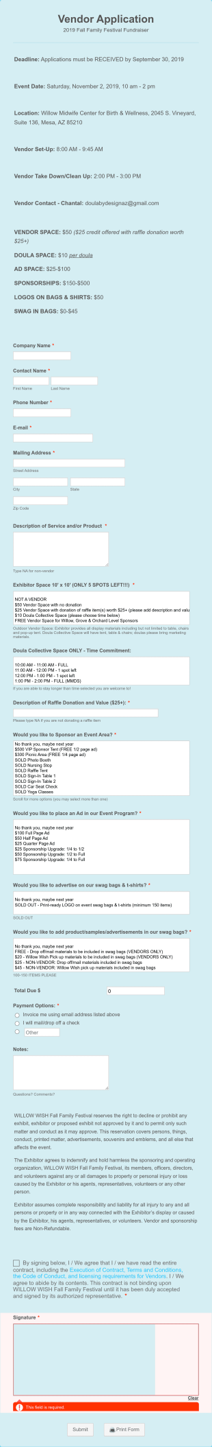Vendor Application Fall Festival Willow Wish Form Template