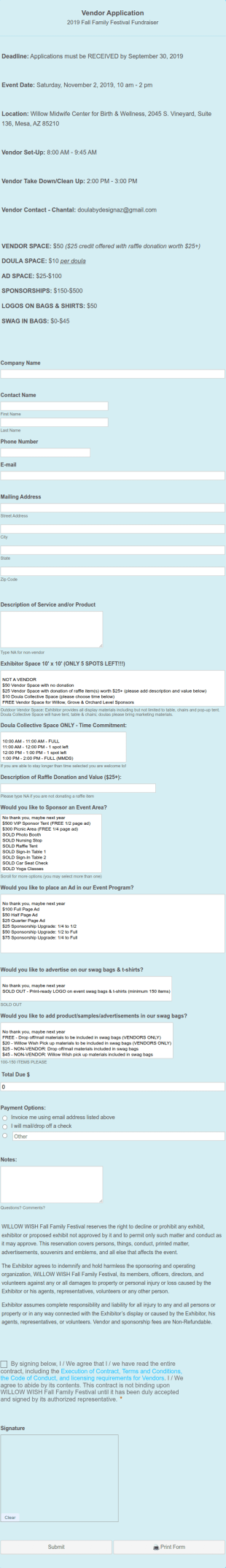 Vendor Application Fall Festival Willow Wish Form Template