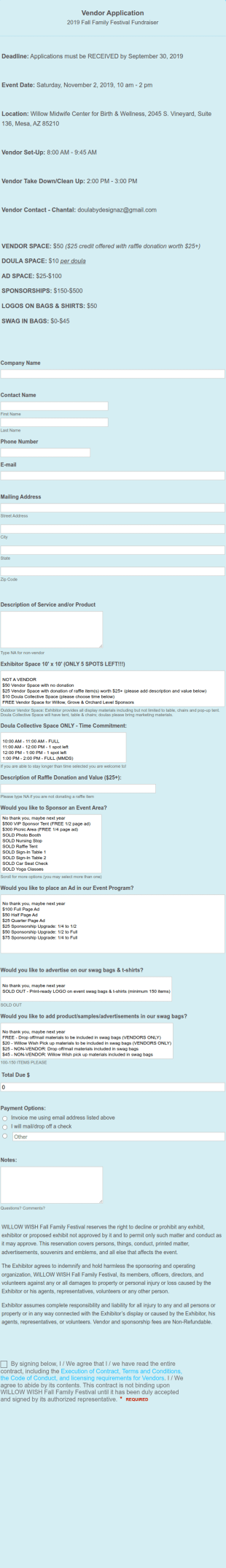 Family Festival Fundraiser Vendor Application Form Template