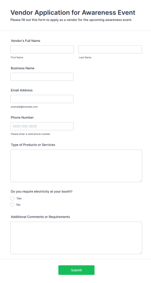 Vendor Application For Awareness Event Form Template