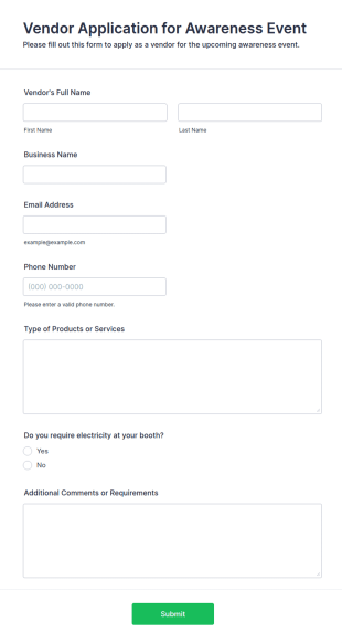 Vendor Application For Awareness Event Form Template