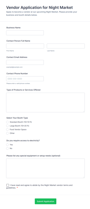 Vendor Application For Night Market Form Template