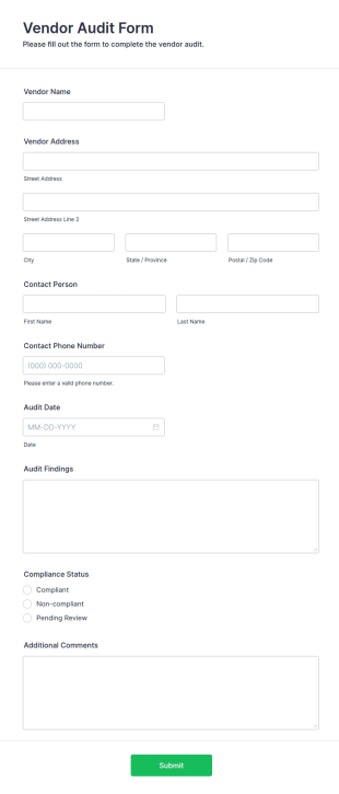 Vendor Audit Form Template