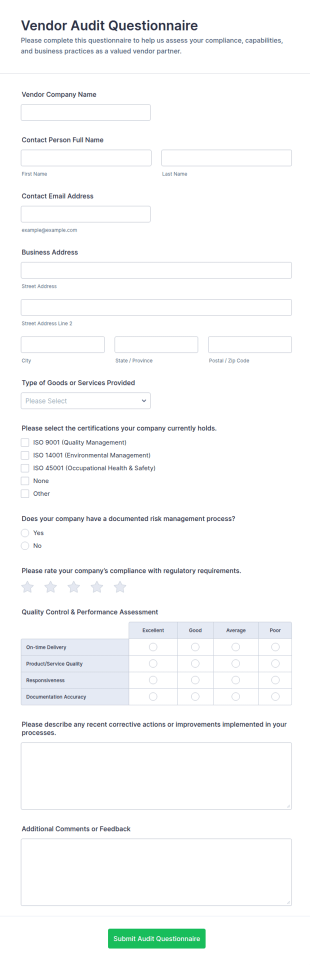 Vendor Audit Questionnaire Form Template