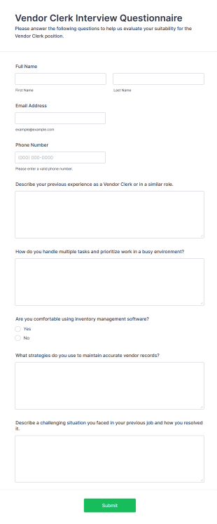 Vendor Clerk Interview Questionnaire Form Template