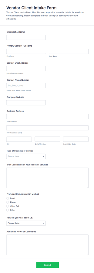 Vendor Client Intake Form Template