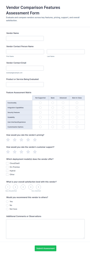 Vendor Comparison Features Assessment Form Template