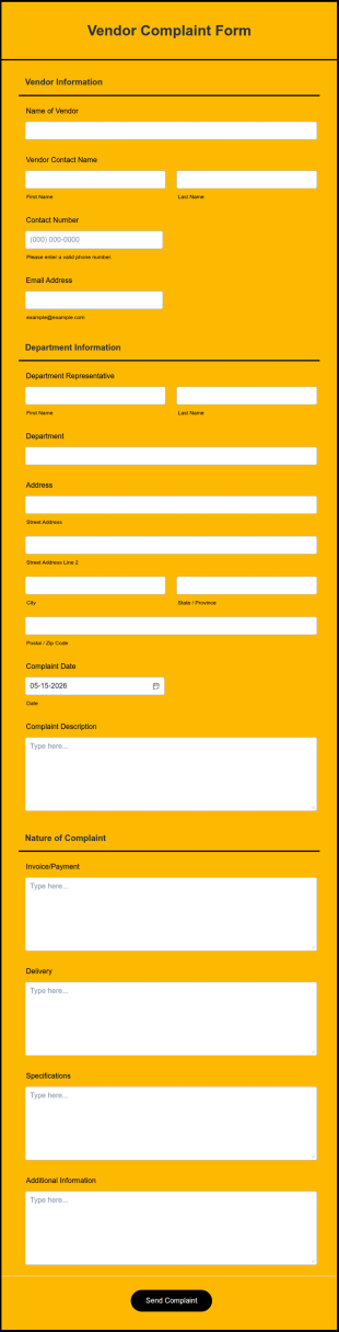 Vendor Complaint Form Template
