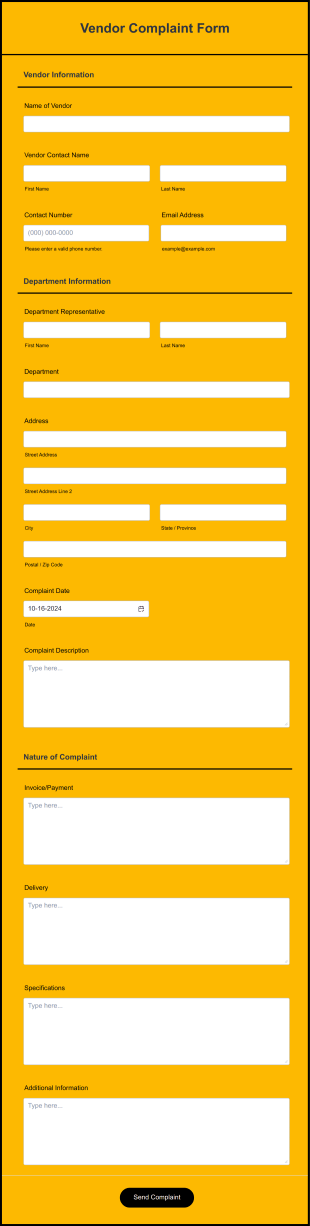 Vendor Complaint Form Template