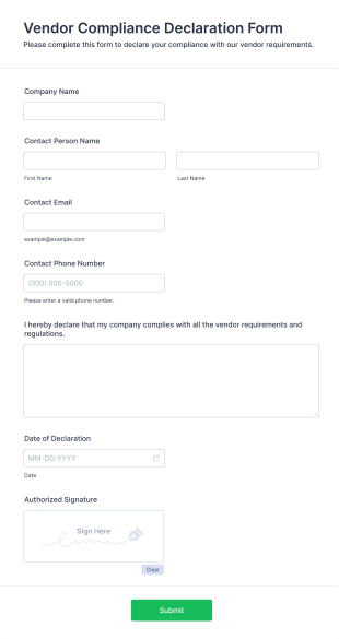 Vendor Compliance Declaration Form Form Template