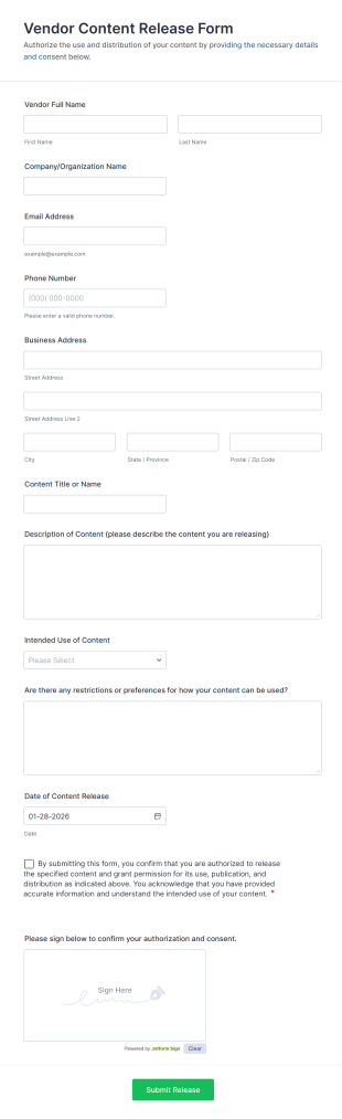 Vendor Content Release Form Template