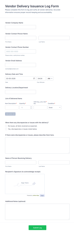 Vendor Delivery Issuance Log Form Template