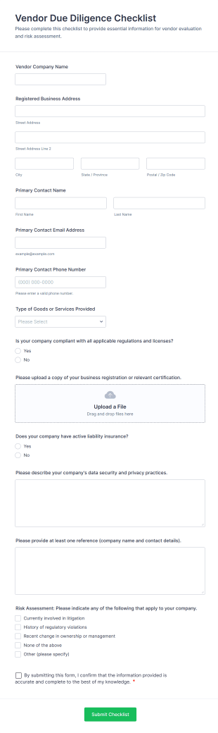 Vendor Due Diligence Checklist Form Template