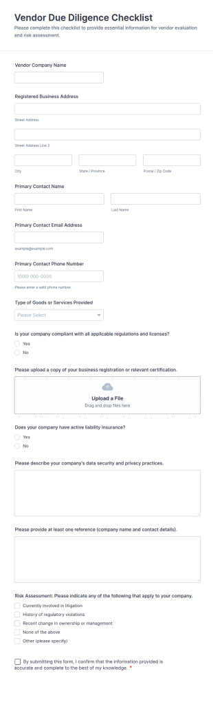 Vendor Due Diligence Checklist Form Template