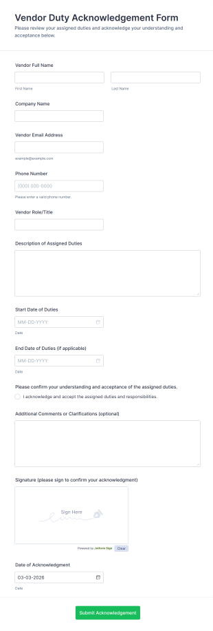 Vendor Duty Acknowledgement Form Template