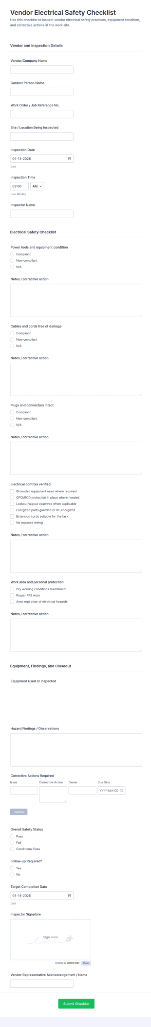 Vendor Electrical Safety Checklist Form Template
