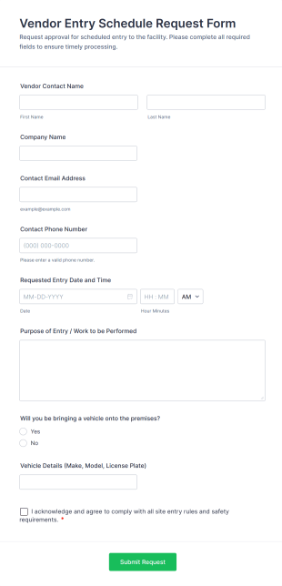 Vendor Entry Schedule Request Form Template