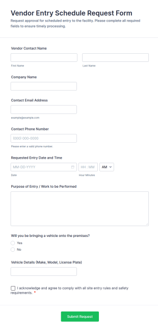 Vendor Entry Schedule Request Form Template