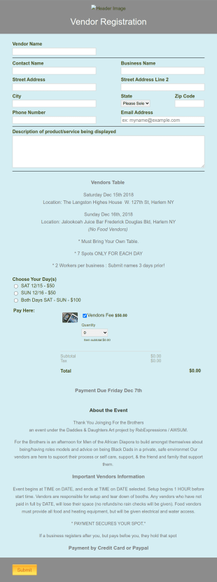 Vendor Event Registration Form Template