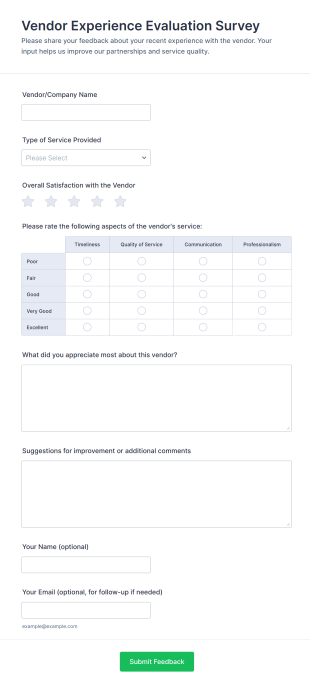 Vendor Experience Evaluation Survey Form Template