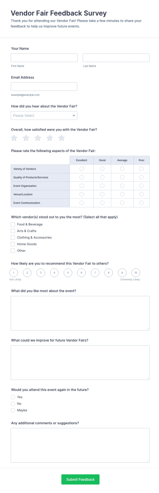 Vendor Fair Feedback Survey Form Template