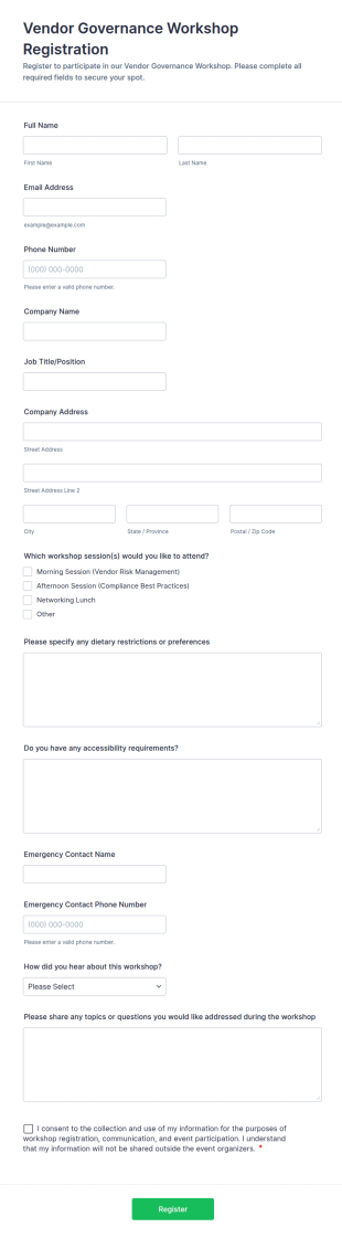 Vendor Governance Workshop Registration Form Template