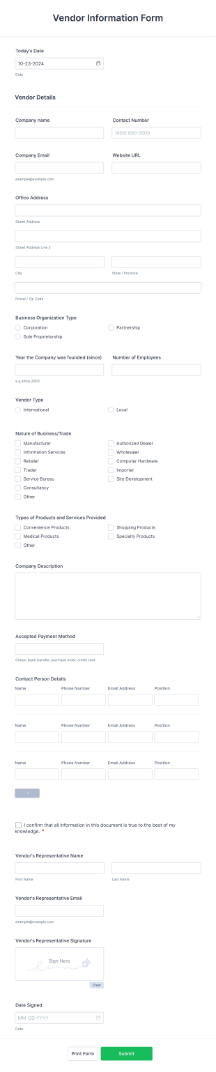 Vendor Information Form Template