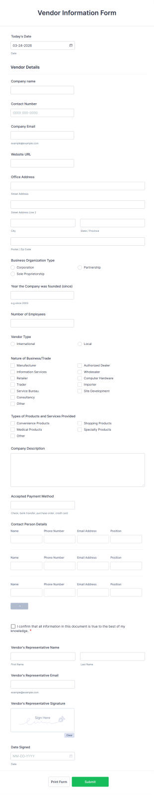 Vendor Information Form Template