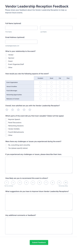 Vendor Leadership Reception Feedback Form Template