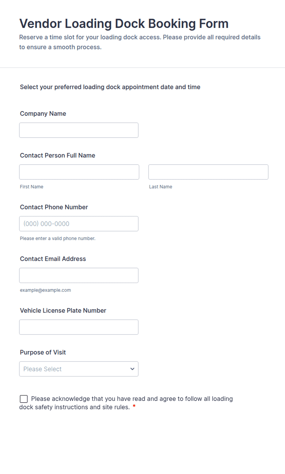 Vendor Loading Dock Booking Form Template | Jotform