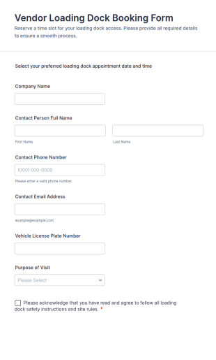 Vendor Loading Dock Booking Form Template