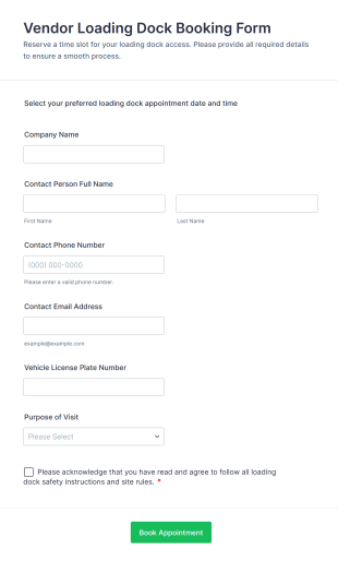 Vendor Loading Dock Booking Form Template