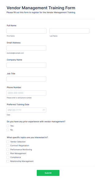 Vendor Management Training Form Template