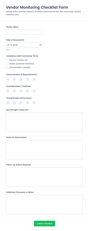 Vendor Monitoring Checklist Form Template